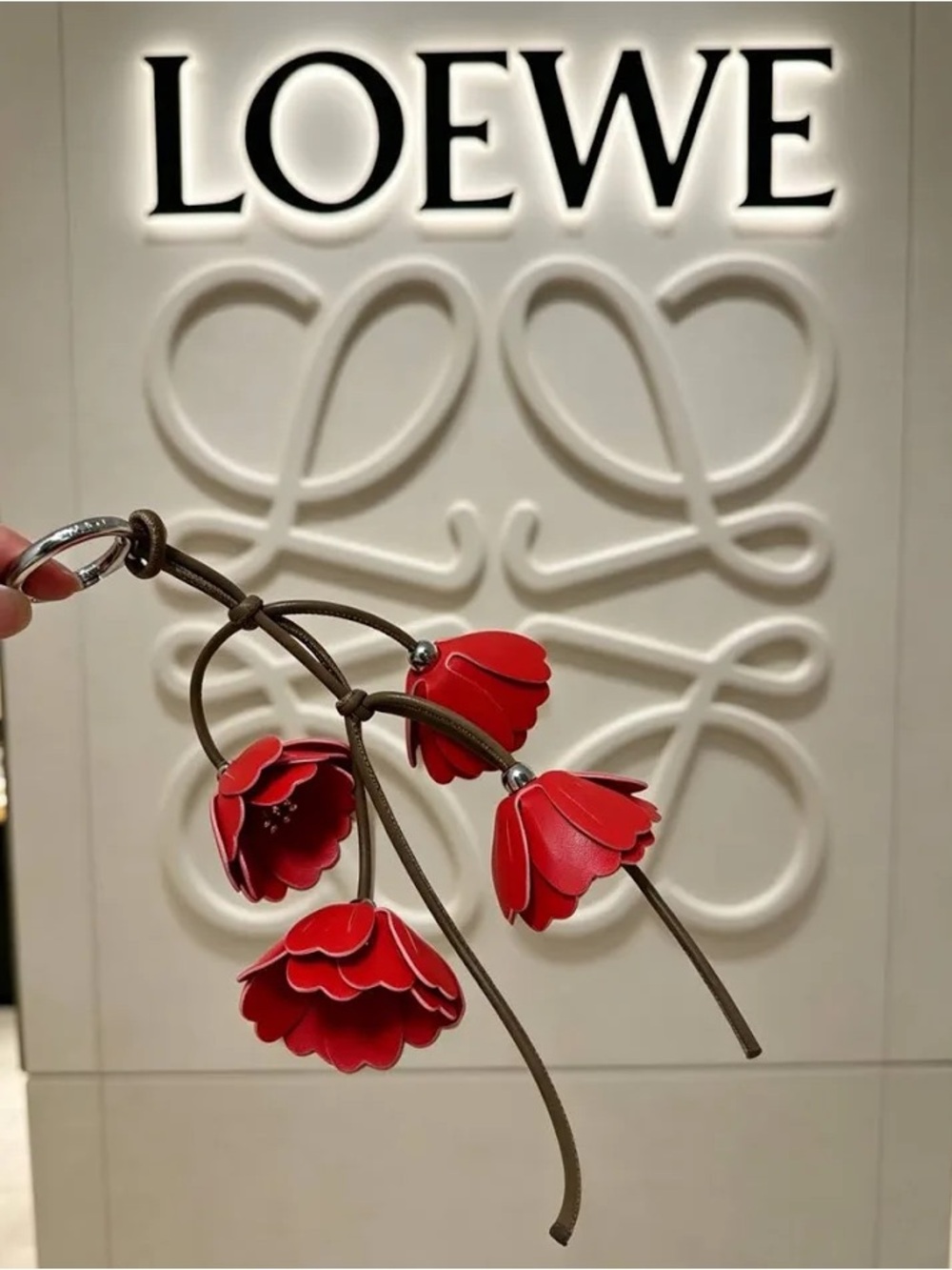 Loewe Red Leather Floral Charm Bracelet Accent